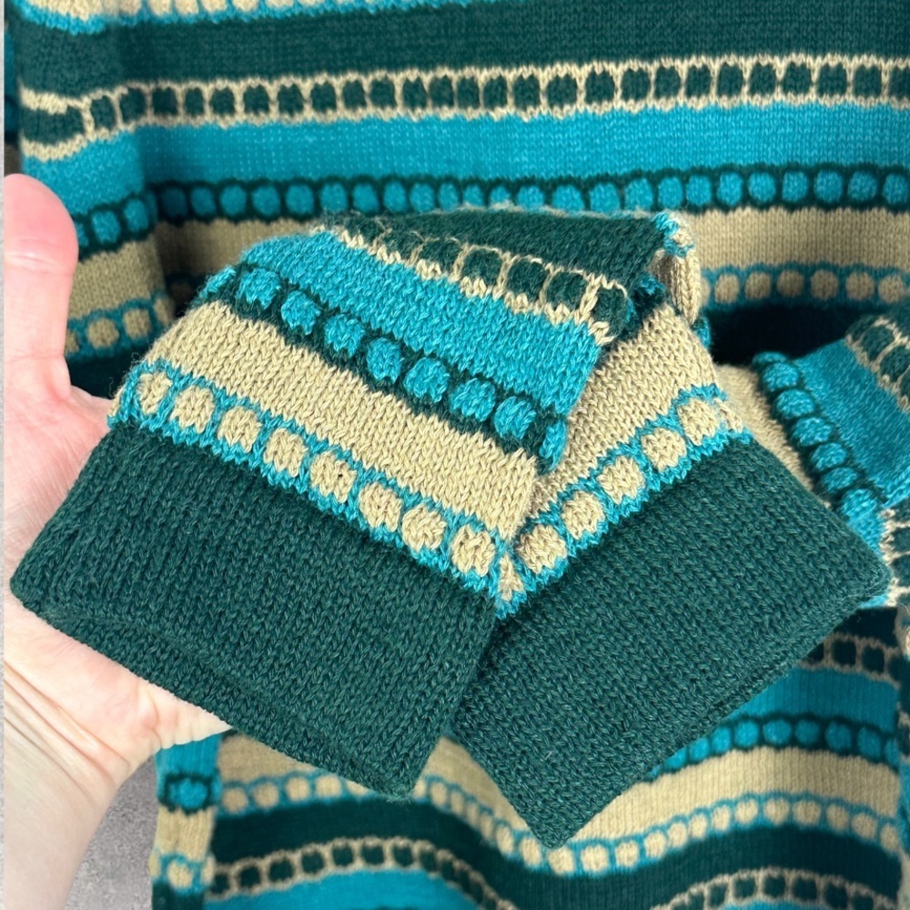 Vintage Wool Blend 3D Knit Sweater Pullover Green Teal Brown Stripe Large Zipper - Picture 6 of 11
